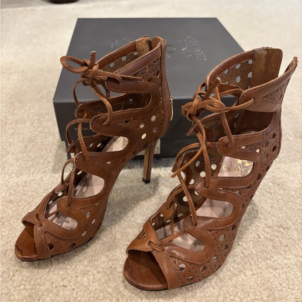 Vince Camuto Cognac Cutout Lace-Up Stiletto Sandals size 4.5